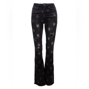 Highway Star Black Denim Star Print Ripped Flare Jeans Bell Bottoms - Size 3